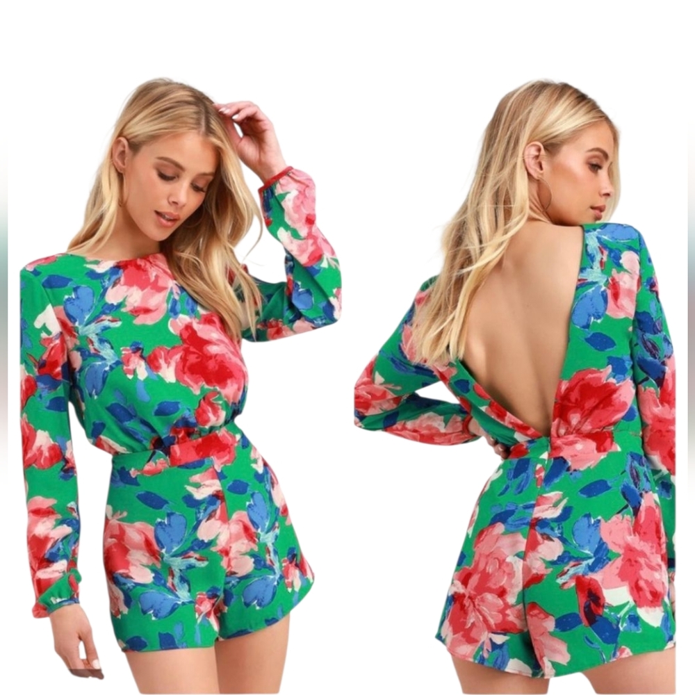 Lulús Sweetest Song Green Floral Print Backless Long Sleeve Romper Size M Medium